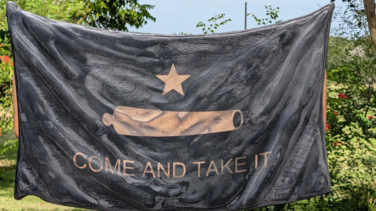 Come and Take It Flag -- 3D wavy wooden flag with a star and cannon above the words COME AND TAKE IT on a black field