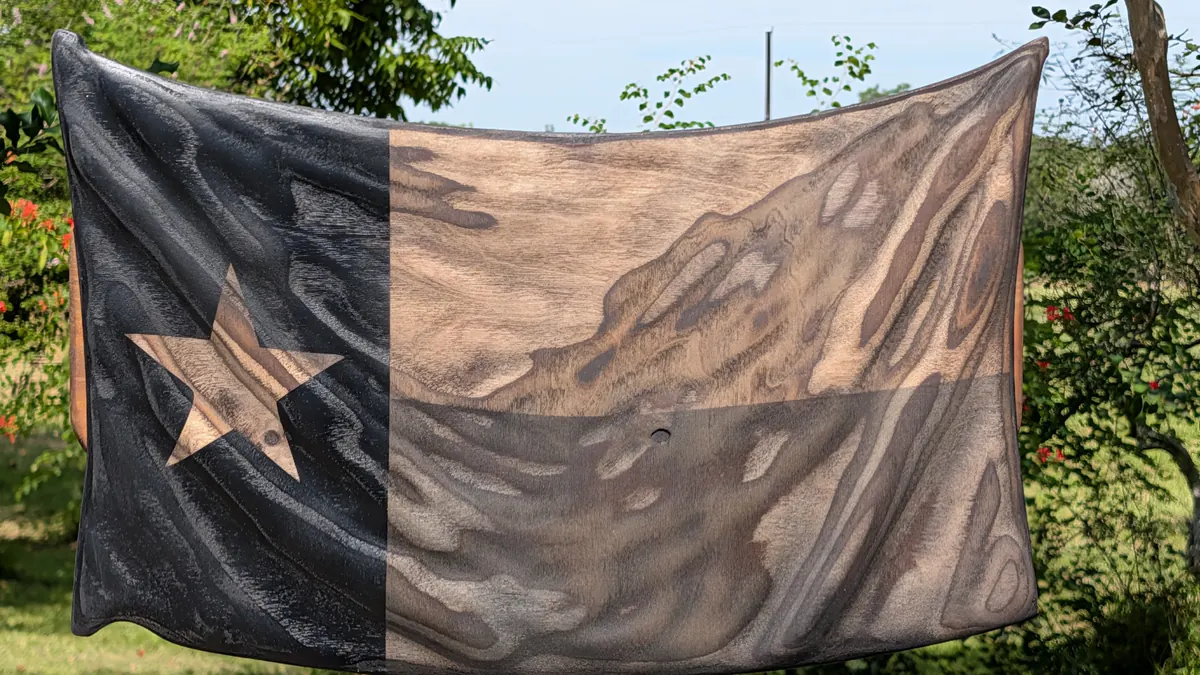 Texas Lone Star Flag -- 3D wavy wooden flag with natural wood grain and a visible knot